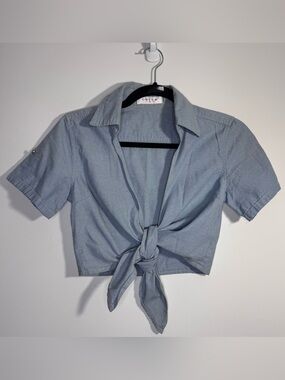 Y2K Colza Chambray Tie Front Crop Top Button Sleeve Blue Medium